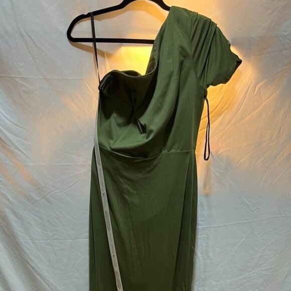 After Six “Nathalie” Ruched One-Shoulder Satin Gown – Size L (Olive Green) - Picture 13 of 16